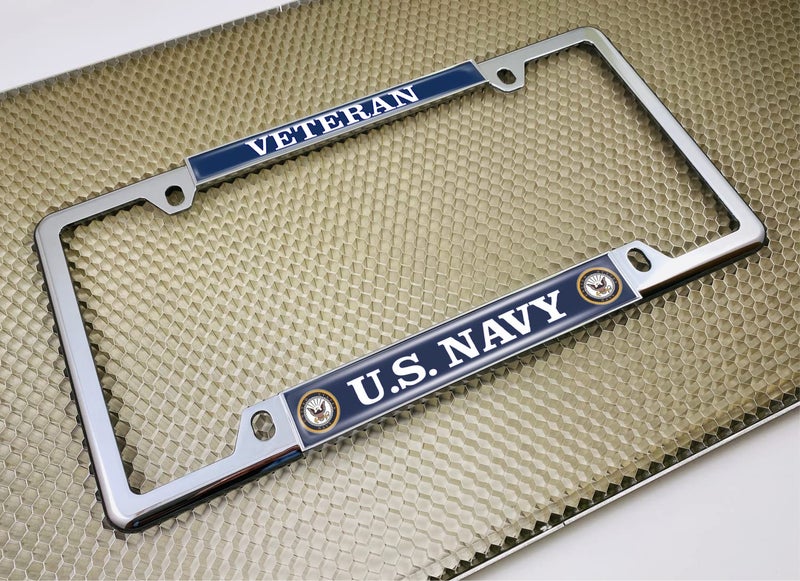 BestLicensePlateFrames [Officially Licensed Product] - U.S. Navy Veteran with Eagle, Anchor Logo - Domed Custom-Made Personalized Narrow (Thin) Top 4 Hole Metal Car License Plate Frame with Free caps - Chrome (Qty:1 Frame) - Image 3